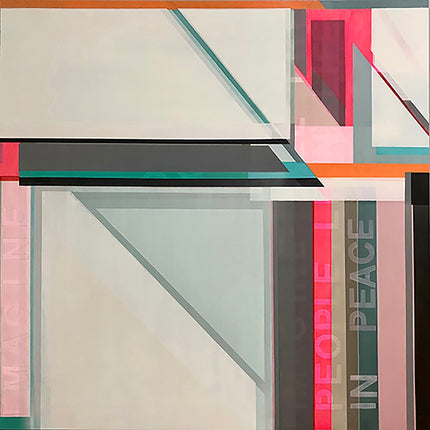 Shilo Ratner's Original Abstract artwork with bold fluorescent pink and white brushstrokes, exploring themes of peace and unity inspired by John Lennon's 'Imagine.