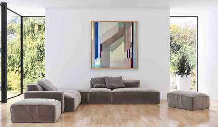 Geometric abstract painting in neutral colors with large forms by Shilo Ratner