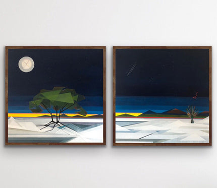 Two original geometric abstract commission paintings by Shilo Ratner, custom art for collectors