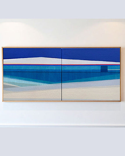 Between Two Forms – blue and white geometric abstract diptych painting, 10x20 inches, acrylic on canvas, Shilo Ratner