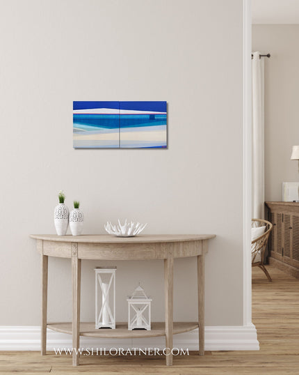 Between Two Forms, blue and white geometric abstract diptych painting by Shilo Ratner, 10 x 20 inches, acrylic on canvas