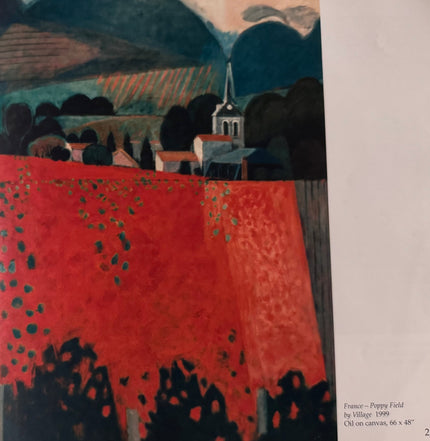 Curtis Fields painting of a poppy field, warm reds and greens, reproduced from A Lifetime in Art