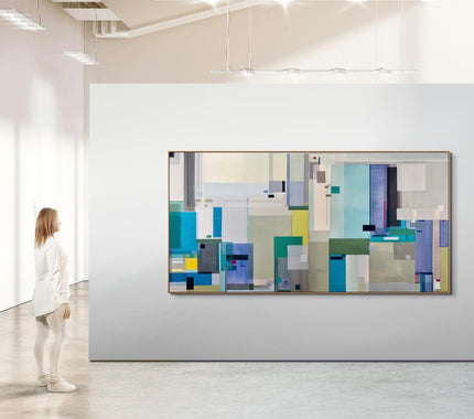 Gallery view of Joy in Being by Shilo Ratner, large geometric abstract painting with a viewer, eight feet
