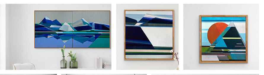 Three geometric abstract mountain paintings by Shilo Ratner, featuring bold color and structured form