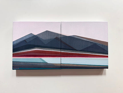 That Time of Night, geometric abstract diptych painting, 20 x 10 inches, dusk light and mountain vista, by Shilo Ratner