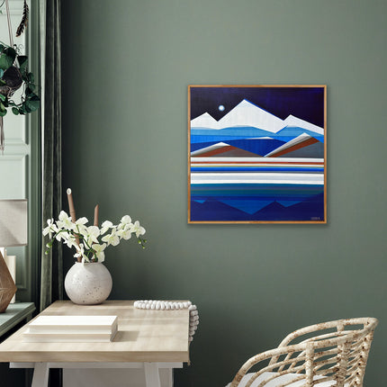 Full Moon Mountain, a 30x30 geometric abstract painting by Shilo Ratner, featuring a luminous moon above a structured mountain landscape in blue and white