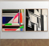 Geometric abstract paintings for living room by Shilo Ratner — Love is Love and Time displayed in gallery setting