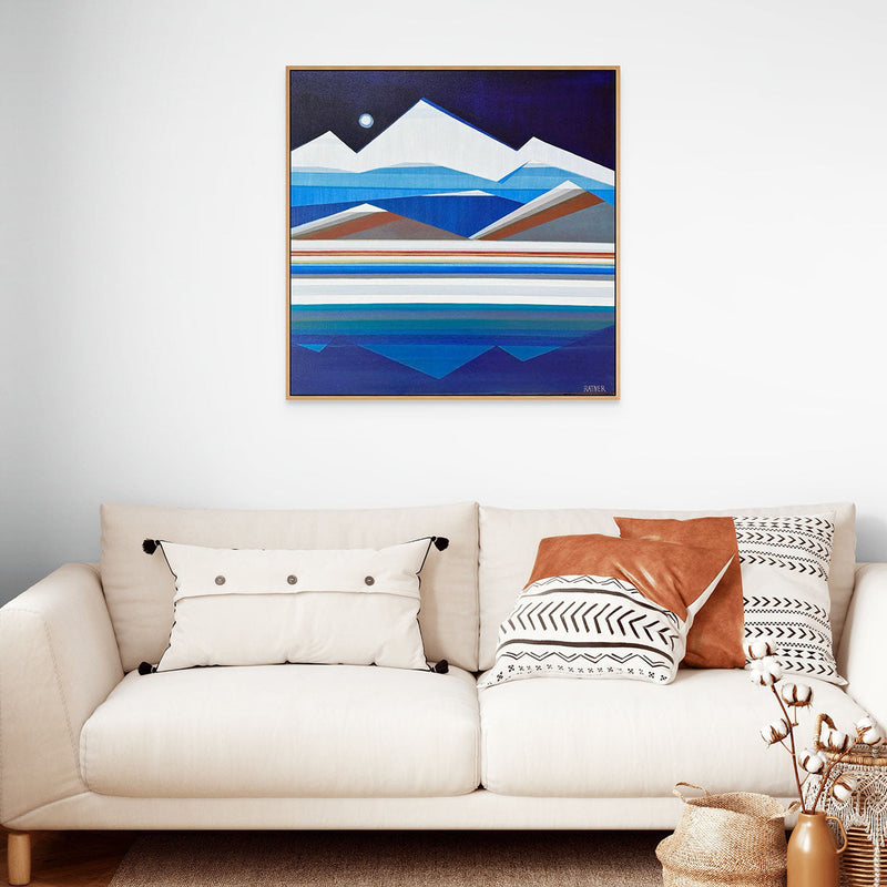 Original Modern Geometric Mountain Painting Fullmoon Over Mountain by Artist Shilo Ratner