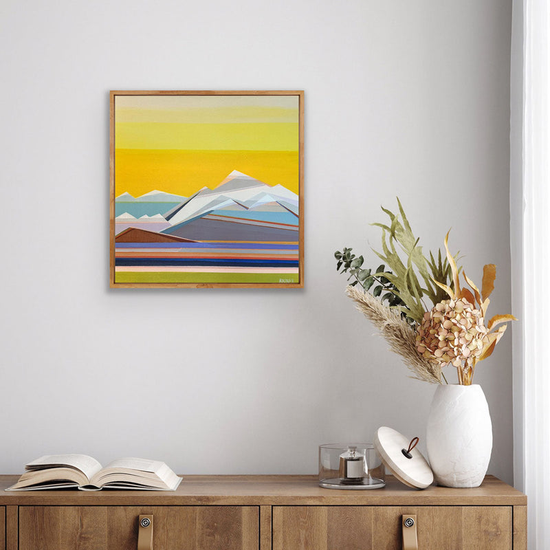 Sunshine Days - yellow original 20x20 geometric mountain abstract painting by Connecticut artist Shilo Ratner | modern minimalist composition