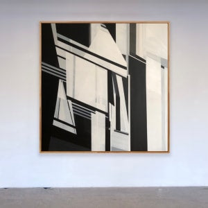 Abstract painting 60x60 black and white geometric art by Shilo Ratner on studio wall