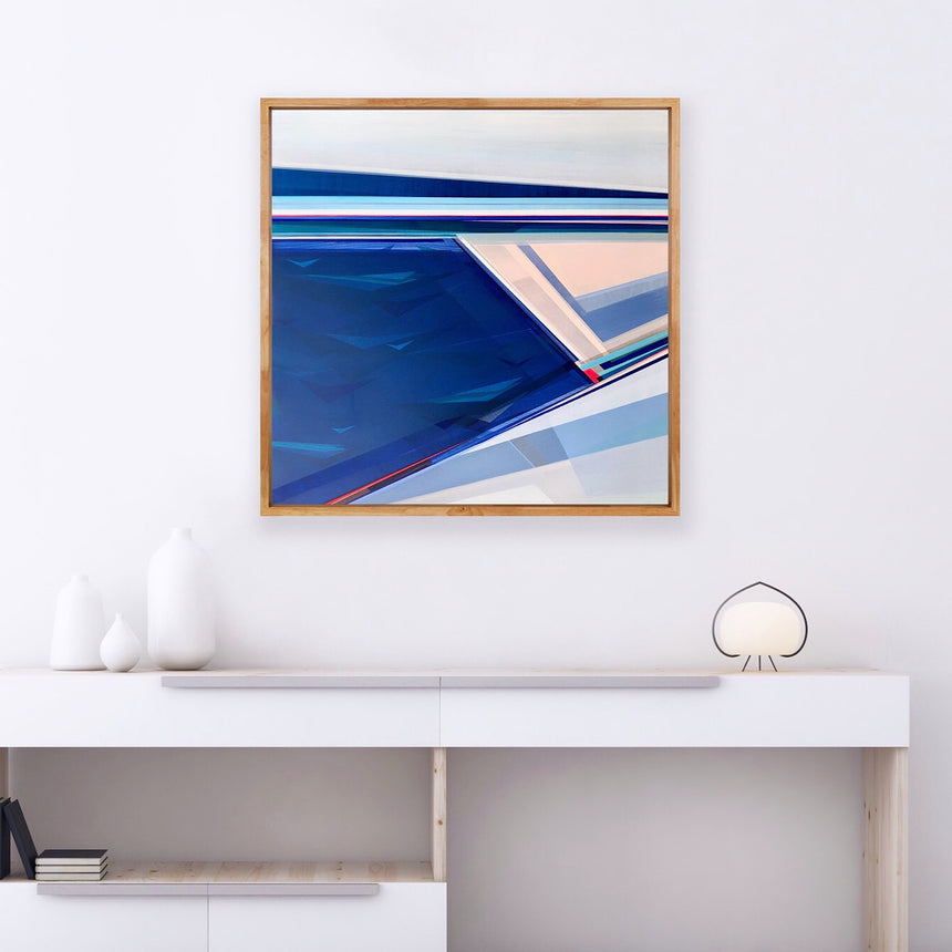 Beach 30 x 30 original abstract painting by Shilo Ratner - geometric water-inspired art on white wall