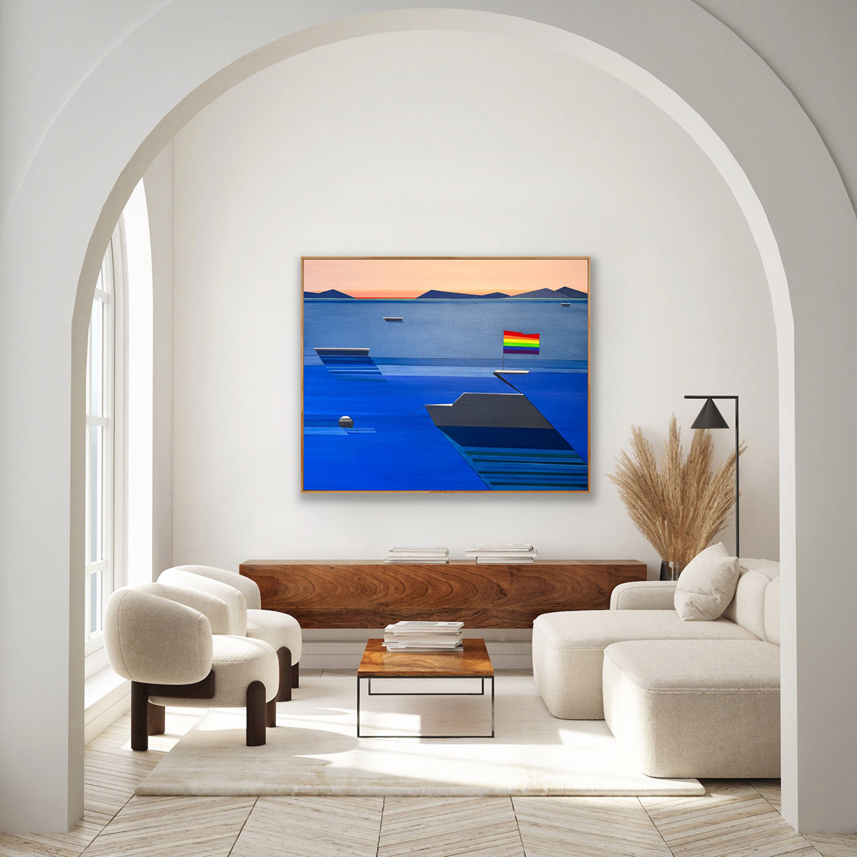 Artist Shilo Ratner, A Boat Named Freedom, 48in x 60in, in Modern living room with a painting of boats and a pride flag on one boat. 