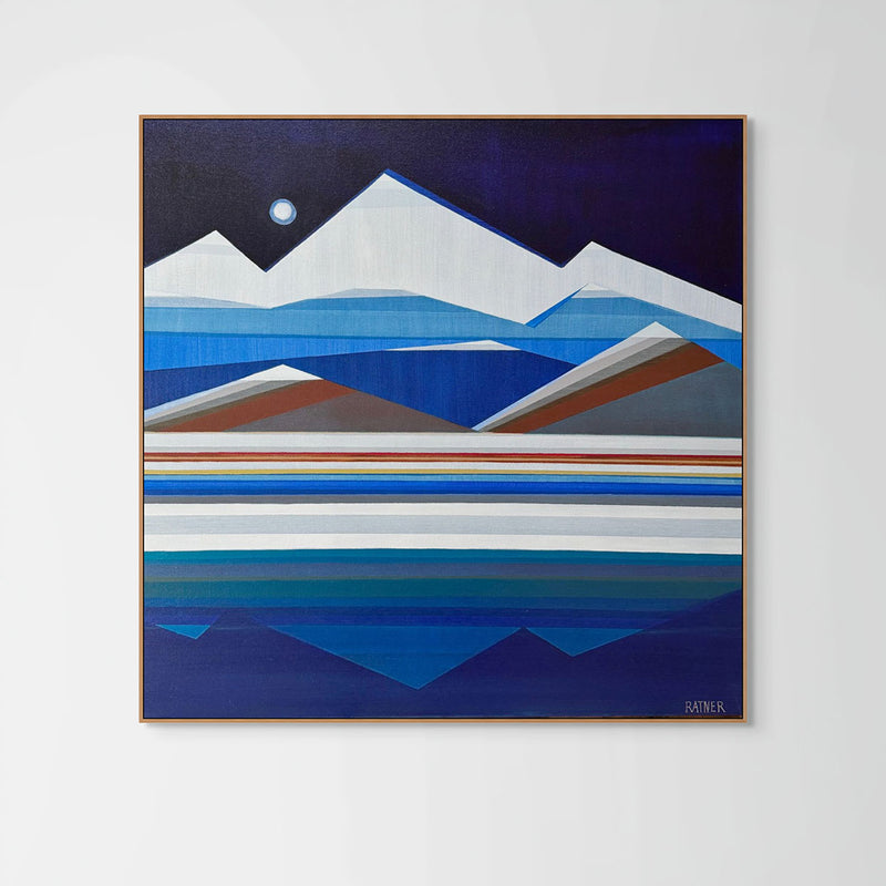 Artist Shilo Ratner painting  Full Moon over Mountain, Abstract mountain landscape painting with blue and white tones on a light gray background