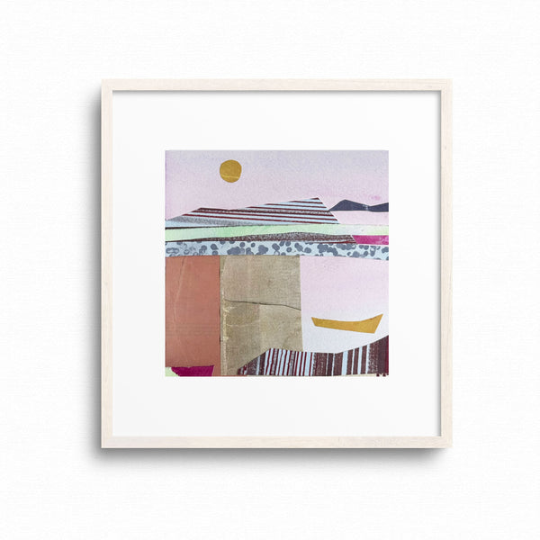 Original 6x6 mountain and boat collage on paper, gold green and earth tones, by Shilo Ratner