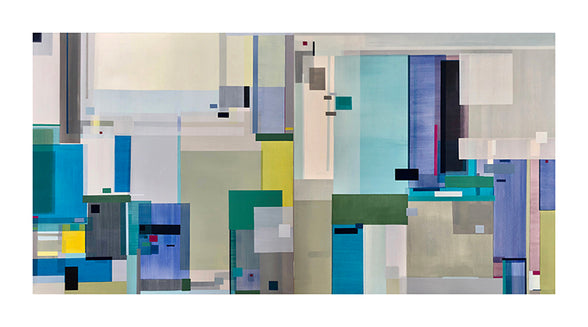 Abstract art piece with geometric shapes in various colors on a white background