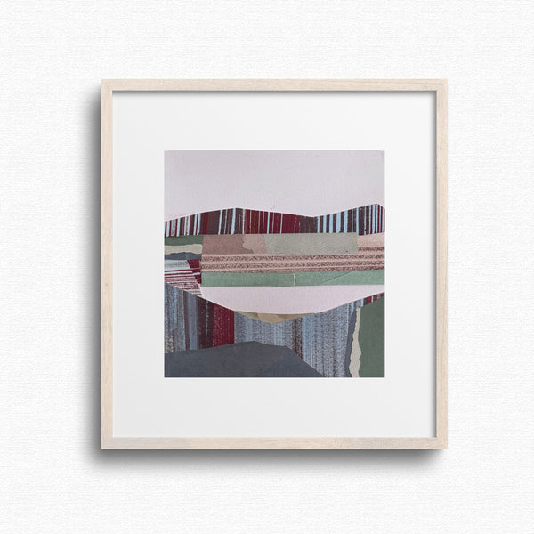 Original 6x6 mixed media collage art, grey green and pink stone landscape, framed, by Shilo Ratner
