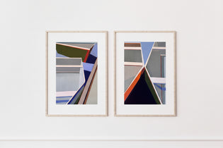 Two of Artist Shilo Ratner's Prints of geometric boats on  white wall 