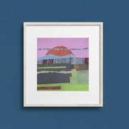Artist_Shilo_Ratner_Fields_6in_x_6in_Original_Collage_on_Paper Framed abstract artwork with a colorful landscape on a white background