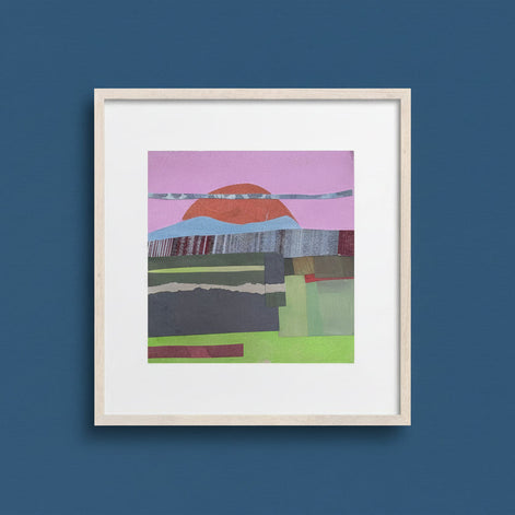Artist_Shilo_Ratner_Fields_6in_x_6in_Original_Collage_on_Paper Framed abstract artwork with a colorful landscape on a white background