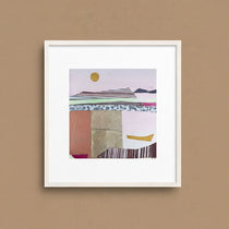 Framed 10x10 original collage art, golden boat mountain landscape, wood frame ready to hang, by Shilo Ratner