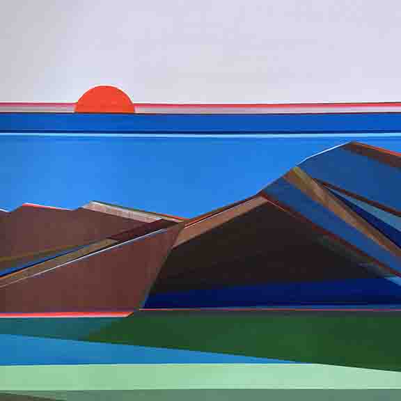 Golden Coast abstract painting by Shilo Ratner featuring geometric forms inspired by coastal landscapes in shades of blue, gold, and neutral tones