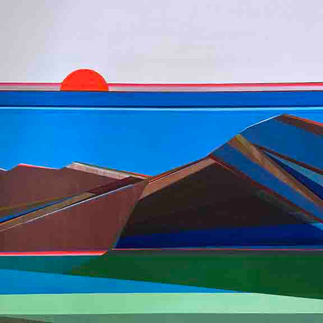 Golden Coast abstract painting by Shilo Ratner featuring geometric forms inspired by coastal landscapes in shades of blue, gold, and neutral tones