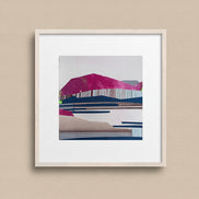 Artist_Shilo_Ratner_Halfmoon_Bay_6in_x_6in_Original_Collage_on_Paper, Framed abstract art print with geometric shapes on a light brown background