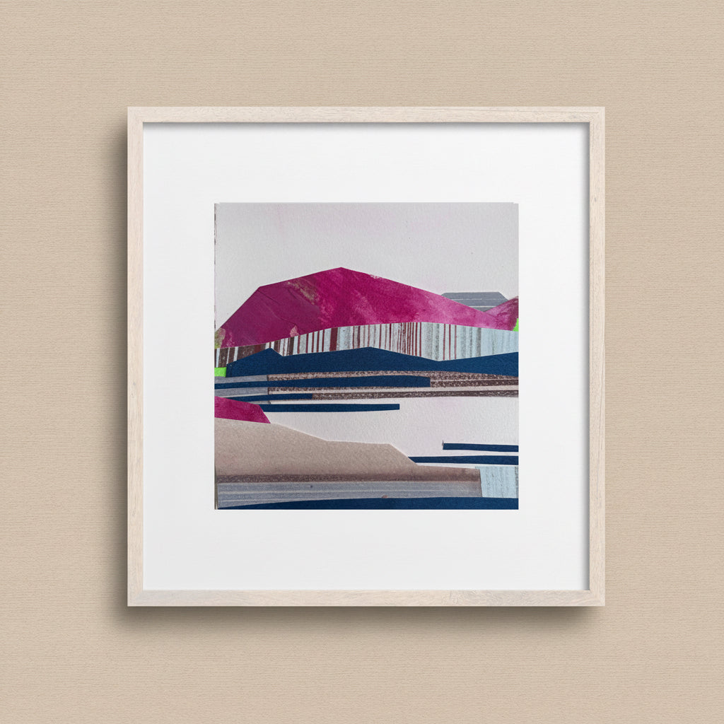 Artist_Shilo_Ratner_Halfmoon_Bay_6in_x_6in_Original_Collage_on_Paper, Framed abstract art print with geometric shapes on a light brown background