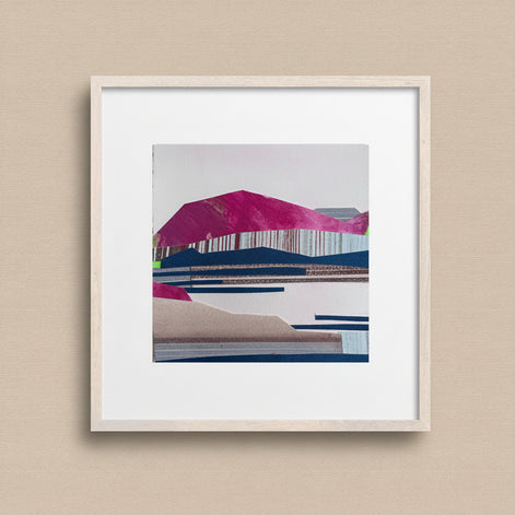 Artist_Shilo_Ratner_Halfmoon_Bay_6in_x_6in_Original_Collage_on_Paper, Framed abstract art print with geometric shapes on a light brown background