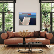 Artist Shilo Ratner Boat Painting ,Harbor, 30in x 40 in a modern living room with a brown leather sofa, round coffee tables, and abstract art on the wall.