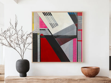A framed original  abstract geometric painting by Shilo Ratner with mantra I am loving Awareness in the underlayer, with bold red, pink, gray, black, and white shapes hangs on a white wall above a wooden console table. 