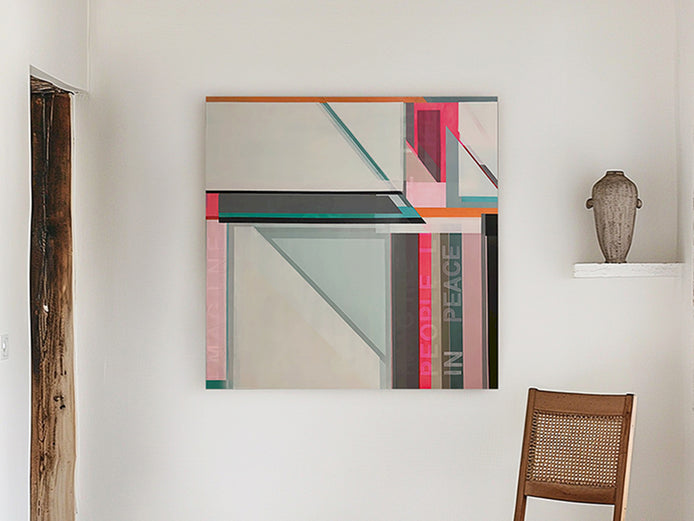 "Imagine" an abstract geometric painting on wood panel with pink, teal, gray, and beige blocks  inspired by John Lennons song Imagine hangs on a white wall by Artist Shilo Ratner.