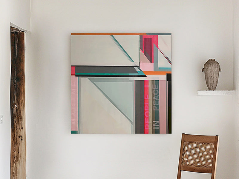 "Imagine" an abstract geometric painting on wood panel with pink, teal, gray, and beige blocks  inspired by John Lennons song Imagine hangs on a white wall by Artist Shilo Ratner.