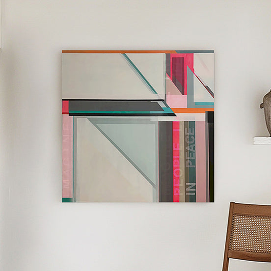 "Imagine" an abstract geometric painting on wood panel with pink, teal, gray, and beige blocks  inspired by John Lennons song Imagine hangs on a white wall by Artist Shilo Ratner.