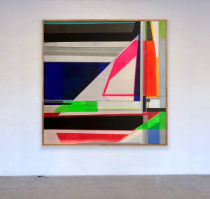 Colorful geometric artwork on white wall in studio, Artist_Shilo_Ratner_Love_is_Love_wall