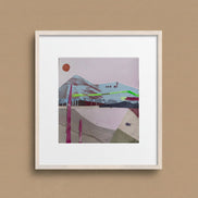 Artist_Shilo_Ratner_New_Mexico_Desert_6in_x_6in_Original_Collage_Artwork, original collage art on brown wall 