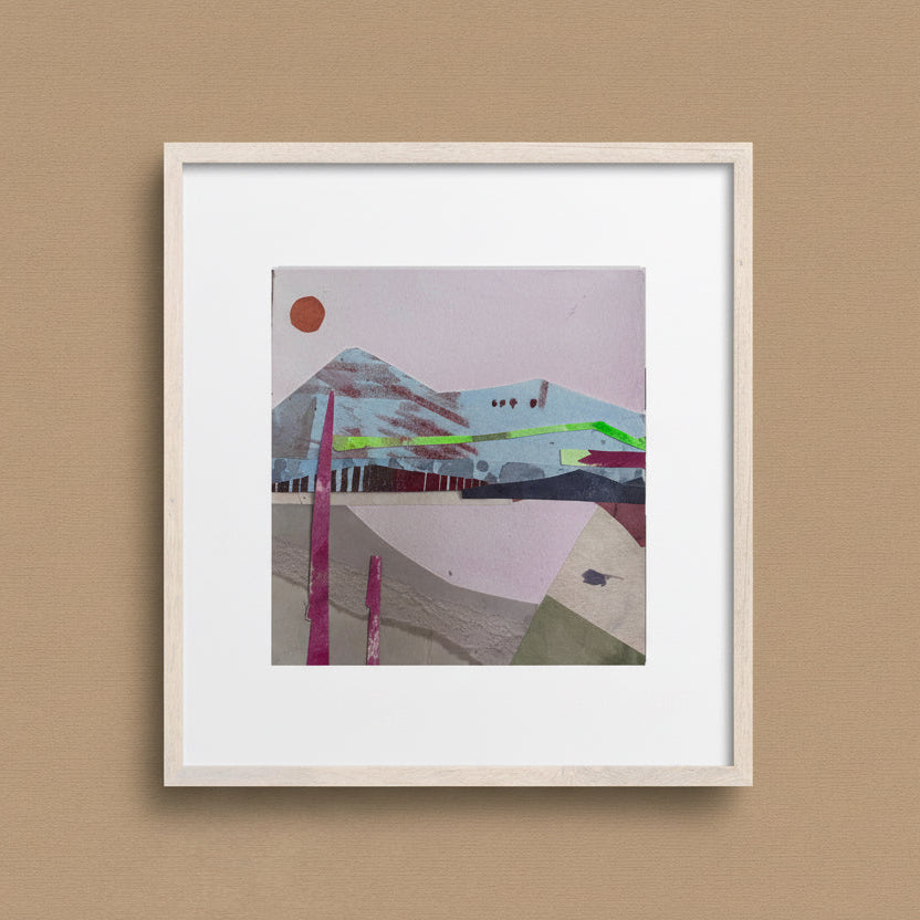 Artist_Shilo_Ratner_New_Mexico_Desert_6in_x_6in_Original_Collage_Artwork, original collage art on brown wall 