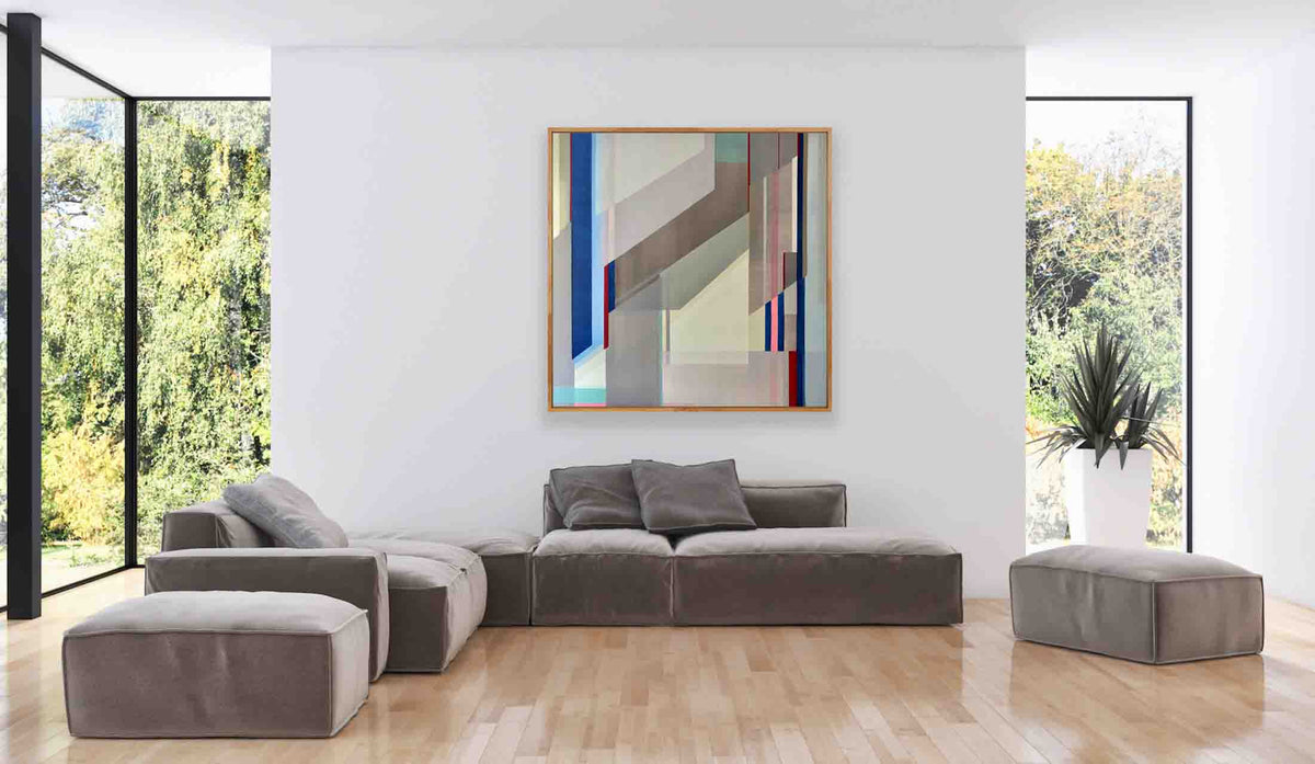 Geometric abstract painting,  Rise, 48×48 original geometric abstract painting in grey tones by Shilo Ratner.