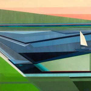 Artist Shilo Ratner Painting Sail Away full view of sailboat with blue water grass and sunset. 