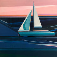 Artist Shilo Ratner full view of sailboat painting with blue water, white sail boat and sunrise pinks. 