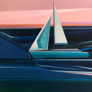 Artist Shilo Ratner full view of sailboat painting with blue water, white sail boat and sunrise pinks. 