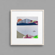 Artist_Shilo_Ratner_Spring_in_Mountains_6in_x_6in_Collage_Mountain_Landscape on grey wall, Framed abstract artwork with geometric shapes on a white background