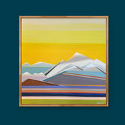Artist Shilo Ratner Painting Sunshine Days ,20in x 20in, abstract  mountain landscape painting with colorful stripes on a solid background