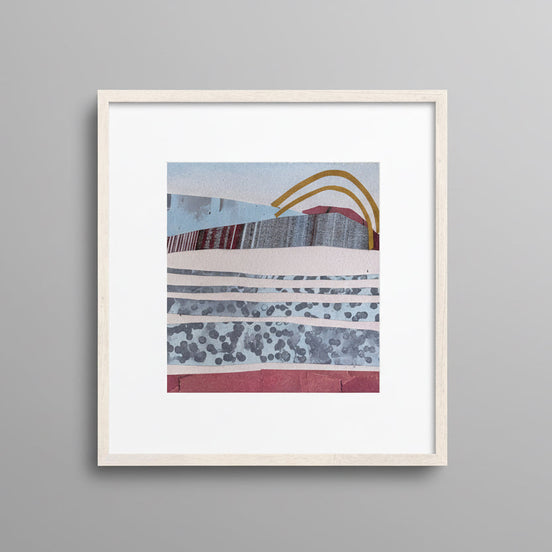 Two Arches framed collage art on grey wall – small abstract geometric art by Shilo Ratner