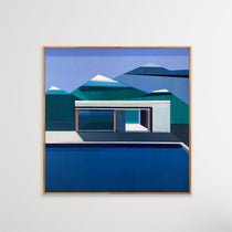 Artist Shilo Ratner Painting Up North, 40in x 40in, Framed abstract art of geometric mountains and building on a white wall