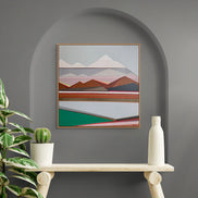 Artist Shilo Ratner,Vista, 30in x 30in Abstract mountain landscape painting in a wooden frame on a dark gray wall.