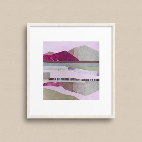 Artist_Shilo_Ratner_Winding_River_6in_x_6in_Original_Collage_on_Paper, Framed abstract art print with geometric shapes on a  beige background