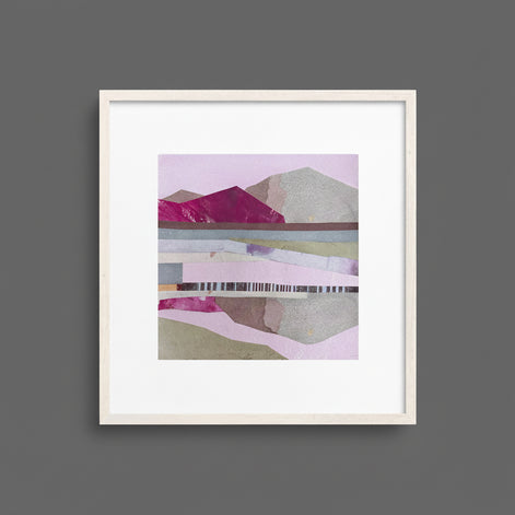 Artist_Shilo_Ratner_Winding_River_6in_x_6in_Original_Collage_on_Paper, Framed abstract art print with geometric shapes on a grey background