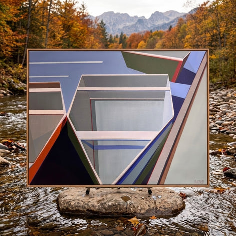 By-the-Dock 30x40 geometric boat painting by Shilo Ratner - on river rock 