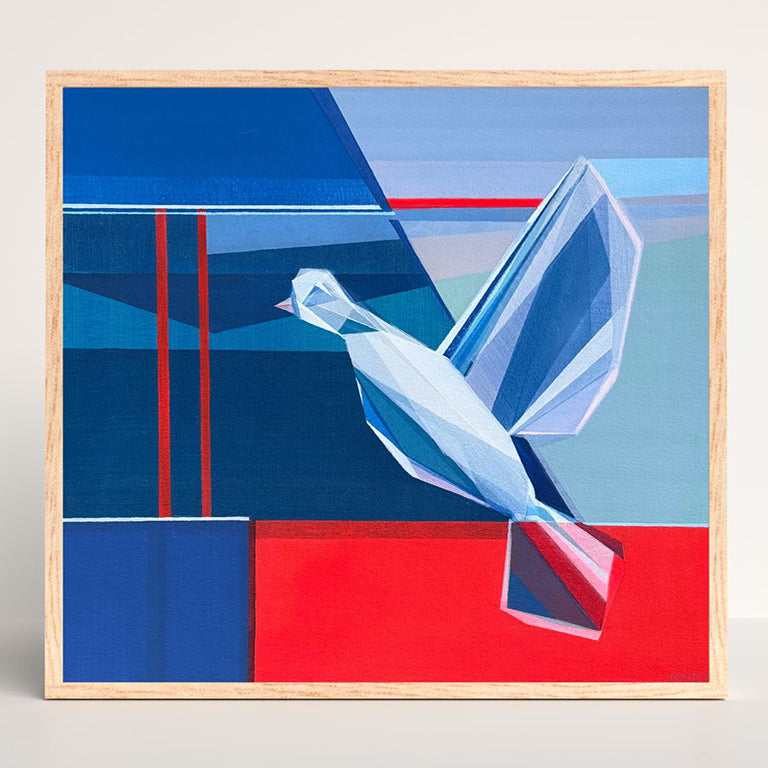 Dove, original 20x20 abstract bird painting by Shilo Ratner, exploring peace and symbolism through layered color and gesture